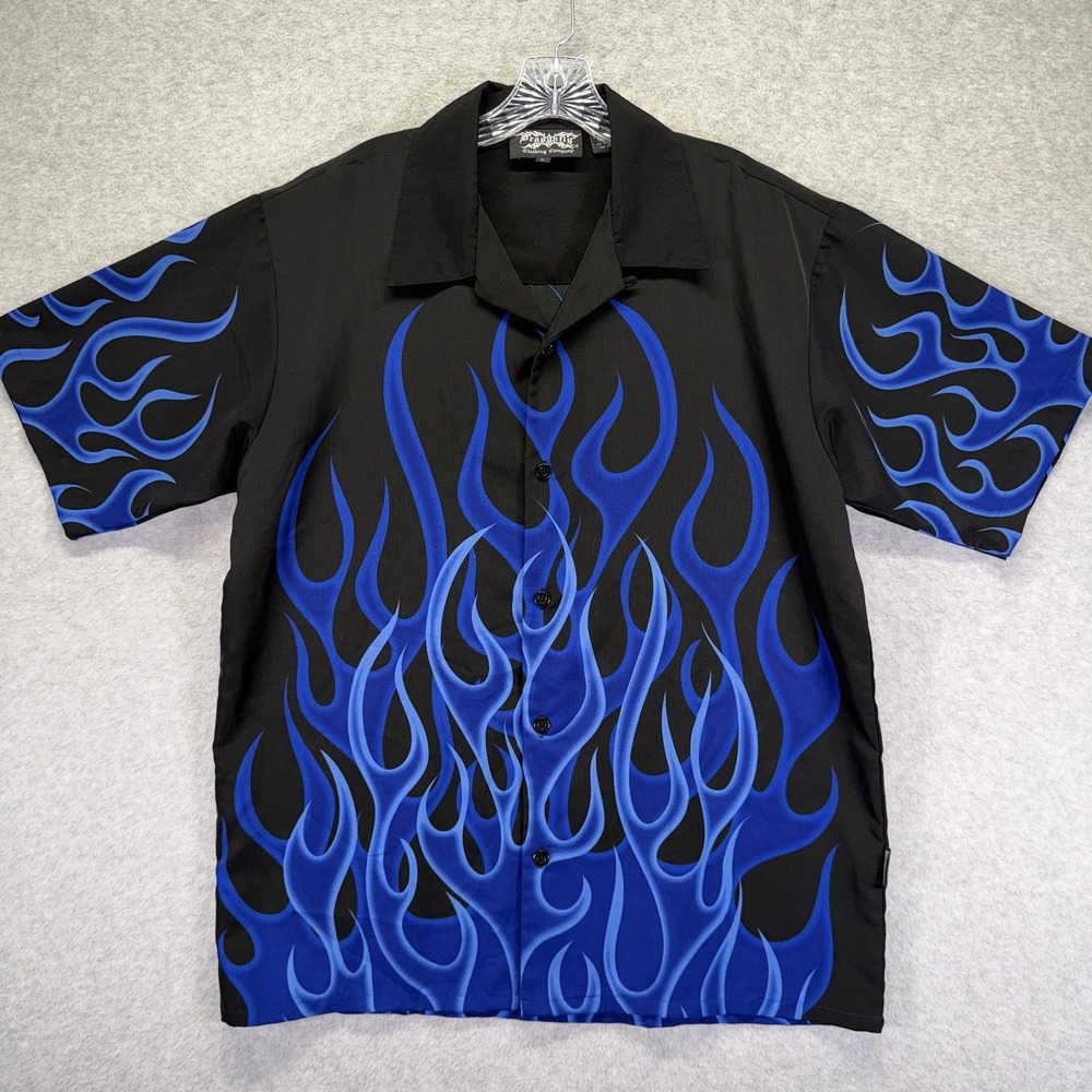 Dragonfly Clothing Company Shirt Mens Large Black Blue Flame Guy Fieri Button Up